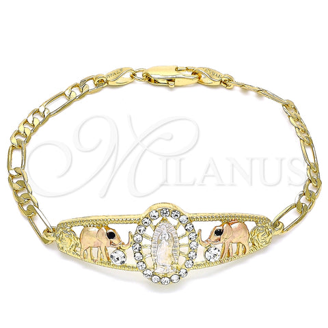 Pulsera Elegante 03.380.0044.1.08 Oro Laminado, Diseño de Guadalupe y Elefante, con Blanca and Negro Cristal, Pulido, Tres Tonos (04 MM Thickness, 8 Inches Length)