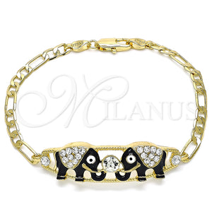 Pulsera Elegante 03.380.0045.08 Oro Laminado, Diseño de Elefante, con Blanca Cristal, Esmaltado Negro, Tono Dorado (05 MM Thickness, 8 Inches Length)