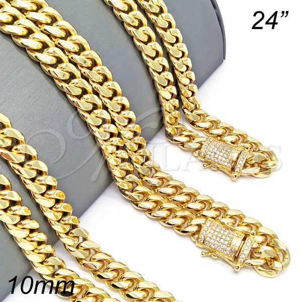 Gargantilla Basica 03.278.0004.24 Acero Inoxidable, Diseño de Miami Cubana, con Blanca Micro Pave, Pulido, Tono Dorado (220 Gauge, 10 MM Thickness, 24 Inches Length)