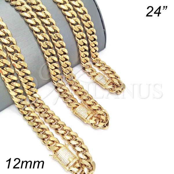 Gargantilla Basica 03.278.0005.24 Acero Inoxidable, Diseño de Miami Cubana, con Blanca Micro Pave, Pulido, Tono Dorado (12 MM Thickness, 24 Inches Length)