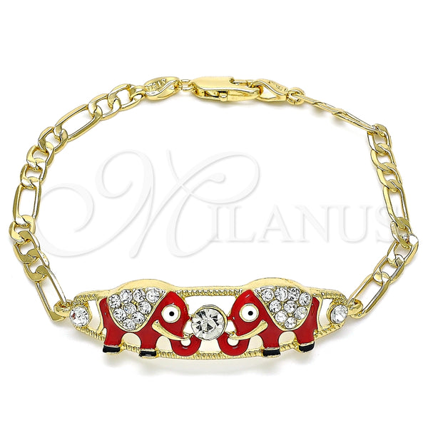 Pulsera Elegante 03.380.0045.1.08 Oro Laminado, Diseño de Elefante, con Blanca Cristal, Esmaltado Rojo, Tono Dorado (05 MM Thickness, 8 Inches Length)