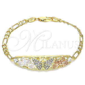 Pulsera Elegante 03.380.0046.08 Oro Laminado, Diseño de Mariposa, con Blanca Cristal, Pulido, Tres Tonos (05 MM Thickness, 8 Inches Length)
