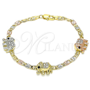 Pulsera Elegante 03.380.0047.08 Oro Laminado, Diseño de Elefante, con Blanca and Negro Cristal, Pulido, Tres Tonos (04 MM Thickness, 8 Inches Length)
