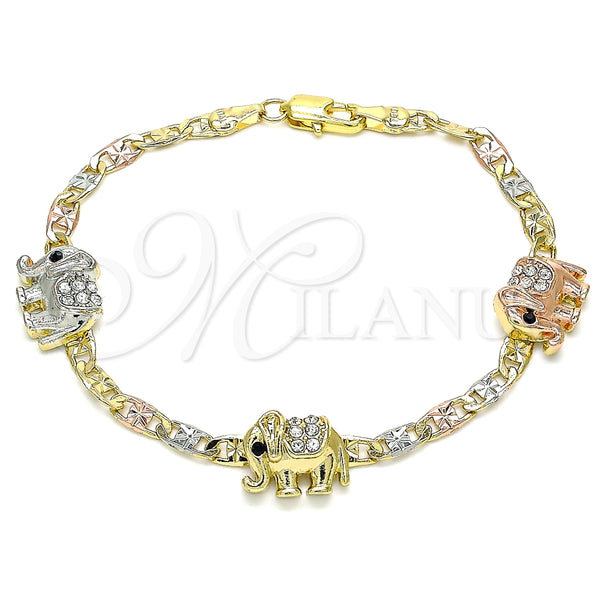 Pulsera Elegante 03.380.0047.08 Oro Laminado, Diseño de Elefante, con Blanca and Negro Cristal, Pulido, Tres Tonos (04 MM Thickness, 8 Inches Length)