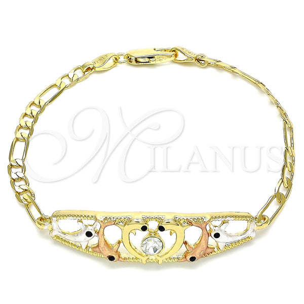 Pulsera Elegante 03.380.0048.08 Oro Laminado, Diseño de Delfín, con Blanca and Negro Cristal, Pulido, Tres Tonos (04 MM Thickness, 8 Inches Length)
