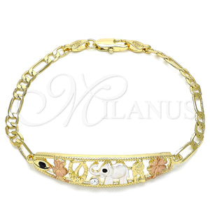 Pulsera Elegante 03.380.0049.08 Oro Laminado, Diseño de Elefante y Búho, con Blanca and Negro Cristal, Pulido, Tres Tonos (05 MM Thickness, 8 Inches Length)