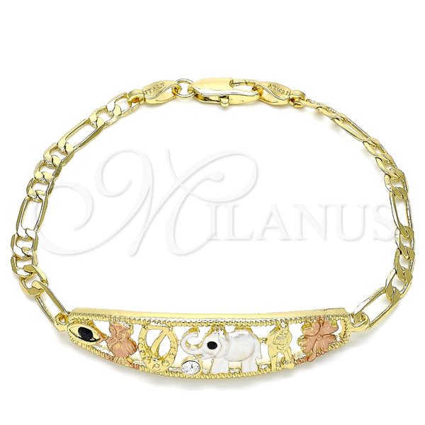 Pulsera Elegante 03.380.0049.08 Oro Laminado, Diseño de Elefante y Búho, con Blanca and Negro Cristal, Pulido, Tres Tonos (05 MM Thickness, 8 Inches Length)
