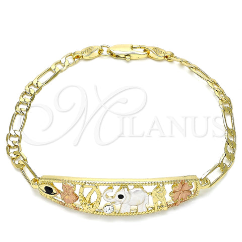 Pulsera Elegante 03.380.0049.08 Oro Laminado, Diseño de Elefante y Búho, con Blanca and Negro Cristal, Pulido, Tres Tonos (05 MM Thickness, 8 Inches Length)