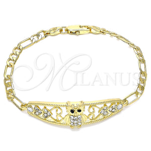 Pulsera Elegante 03.380.0050.08 Oro Laminado, Diseño de Búho y Corazón, con Blanca and Negro Cristal, Pulido, Tono Dorado (05 MM Thickness, 8 Inches Length)