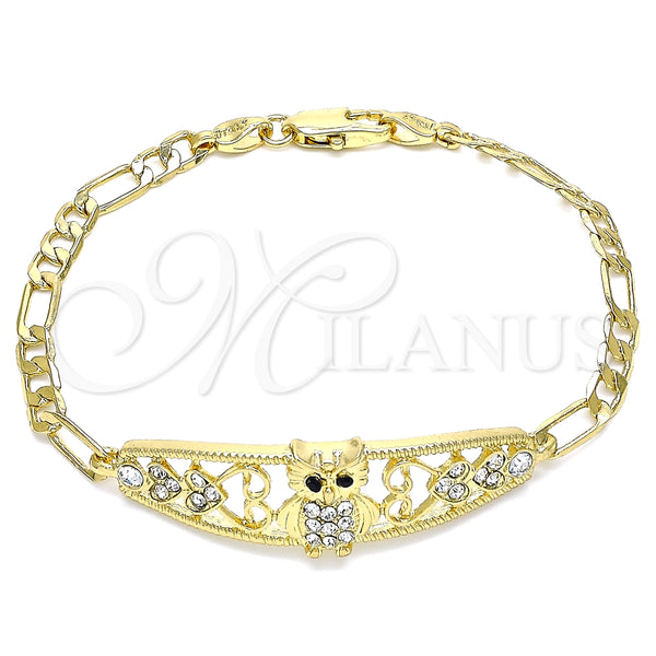 Pulsera Elegante 03.380.0050.08 Oro Laminado, Diseño de Búho y Corazón, con Blanca and Negro Cristal, Pulido, Tono Dorado (05 MM Thickness, 8 Inches Length)