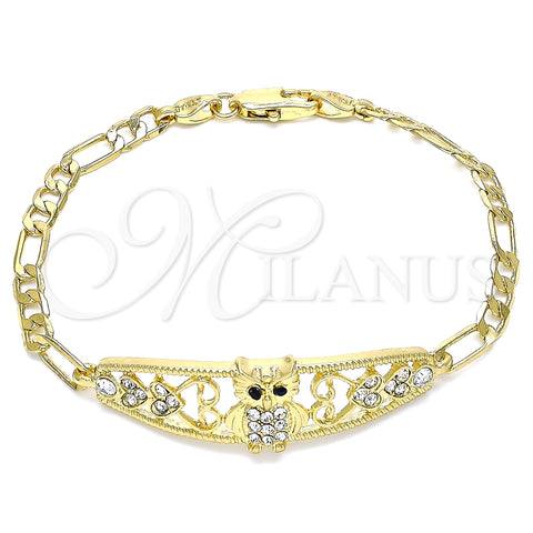 Pulsera Elegante 03.380.0050.08 Oro Laminado, Diseño de Búho y Corazón, con Blanca and Negro Cristal, Pulido, Tono Dorado (05 MM Thickness, 8 Inches Length)