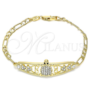 Pulsera Elegante 03.380.0051.08 Oro Laminado, Diseño de Tortuga y Corazón, con Blanca and Negro Cristal, Pulido, Tono Dorado (04 MM Thickness, 8 Inches Length)