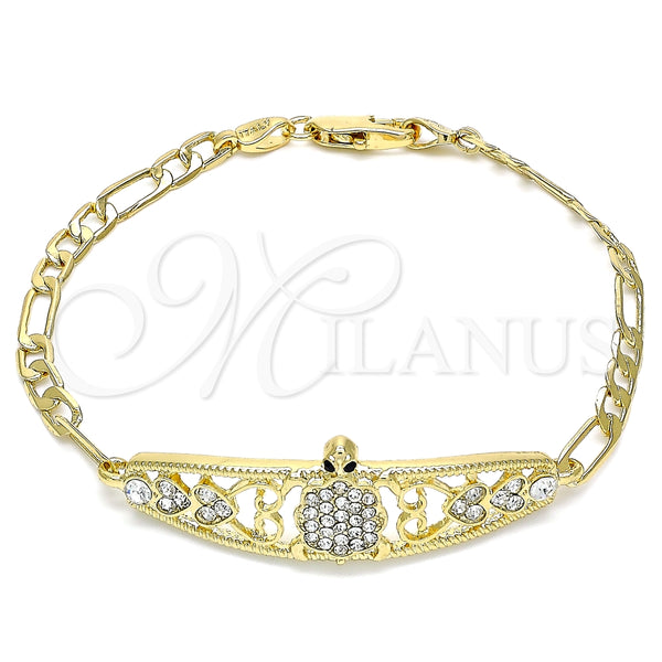 Pulsera Elegante 03.380.0051.08 Oro Laminado, Diseño de Tortuga y Corazón, con Blanca and Negro Cristal, Pulido, Tono Dorado (04 MM Thickness, 8 Inches Length)