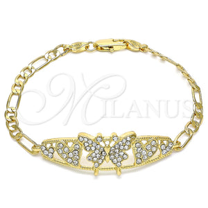 Pulsera Elegante 03.380.0052.08 Oro Laminado, Diseño de Mariposa y Corazón, con Blanca Cristal, Pulido, Tono Dorado (05 MM Thickness, 8 Inches Length)