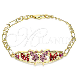 Pulsera Elegante 03.380.0052.1.08 Oro Laminado, Diseño de Mariposa y Corazón, con Rosado and Granate Cristal, Pulido, Tono Dorado (05 MM Thickness, 8 Inches Length)