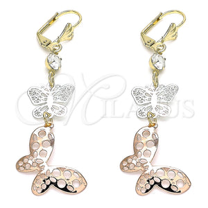 Arete Largo 02.351.0113 Oro Laminado, Diseño de Mariposa, con Blanca Cristal, Pulido, Tres Tonos