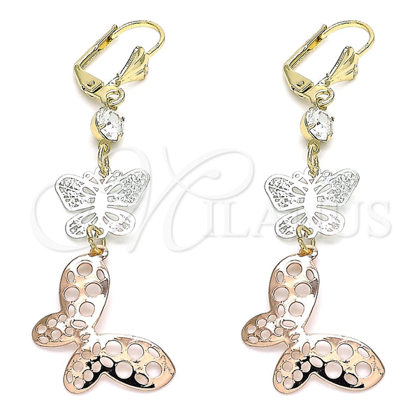 Arete Largo 02.351.0113 Oro Laminado, Diseño de Mariposa, con Blanca Cristal, Pulido, Tres Tonos