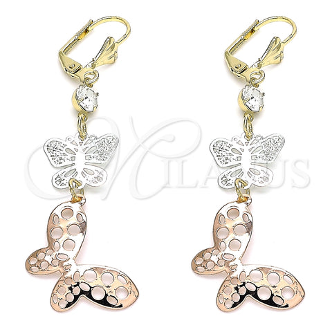 Arete Largo 02.351.0113 Oro Laminado, Diseño de Mariposa, con Blanca Cristal, Pulido, Tres Tonos