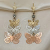 Arete Largo 02.351.0115 Oro Laminado, Diseño de Mariposa, con Blanca Cristal, Pulido, Tres Tonos
