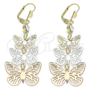 Arete Largo 02.351.0115 Oro Laminado, Diseño de Mariposa, con Blanca Cristal, Pulido, Tres Tonos
