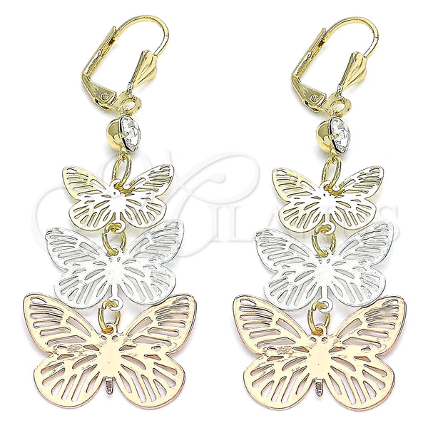 Arete Largo 02.351.0115 Oro Laminado, Diseño de Mariposa, con Blanca Cristal, Pulido, Tres Tonos