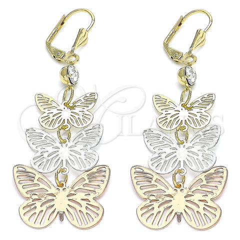 Arete Largo 02.351.0115 Oro Laminado, Diseño de Mariposa, con Blanca Cristal, Pulido, Tres Tonos