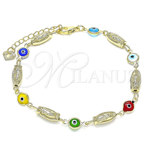 Pulsera Elegante 03.351.0108.08 Oro Laminado, Diseño de Guadalupe y Ojo Griego, Resinado Multicolor, Tono Dorado (06 MM Thickness, 8 Inches Length)