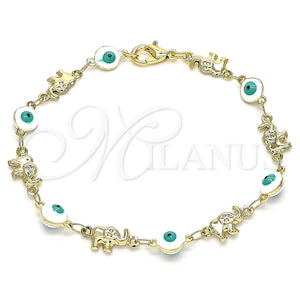 Pulsera Elegante 03.351.0107.3.07 Oro Laminado, Diseño de Ojo Griego y Elefante, Esmaltado Blanco, Tono Dorado (06 MM Thickness, 7 Inches Length)