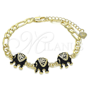 Pulsera Elegante 03.351.0109.07 Oro Laminado, Diseño de Elefante, con Blanca Cristal, Esmaltado Negro, Tono Dorado (05 MM Thickness, 7 Inches Length)