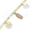 Pulsera de Dije 03.351.0112.07 Oro Laminado, Diseño de Guadalupe y Flor, Pulido, Tres Tonos (04 MM Thickness, 7 Inches Length)