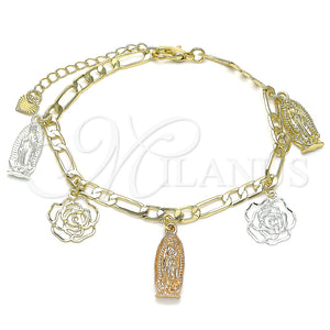 Pulsera de Dije 03.351.0112.07 Oro Laminado, Diseño de Guadalupe y Flor, Pulido, Tres Tonos (04 MM Thickness, 7 Inches Length)