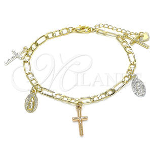 Pulsera de Dije 03.351.0113.07 Oro Laminado, Diseño de Guadalupe y Crucifijo, Pulido, Tres Tonos (04 MM Thickness, 7 Inches Length)