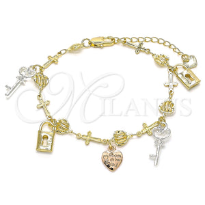 Pulsera de Dije 03.351.0114.07 Oro Laminado, Diseño de Corazón y Llave, Pulido, Tres Tonos (07 MM Thickness, 7 Inches Length)