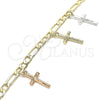 Pulsera de Dije 03.351.0115.07 Oro Laminado, Diseño de Crucifijo, Pulido, Tres Tonos (04 MM Thickness, 7 Inches Length)