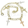 Pulsera de Dije 03.351.0115.07 Oro Laminado, Diseño de Crucifijo, Pulido, Tres Tonos (04 MM Thickness, 7 Inches Length)