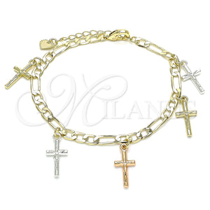 Pulsera de Dije 03.351.0115.07 Oro Laminado, Diseño de Crucifijo, Pulido, Tres Tonos (04 MM Thickness, 7 Inches Length)