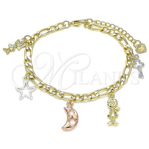 Pulsera de Dije 03.351.0116.07 Oro Laminado, Diseño de Luna y Estrella, Pulido, Tres Tonos (05 MM Thickness, 7 Inches Length)