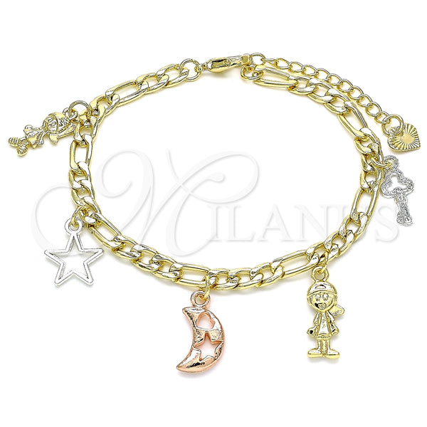 Pulsera de Dije 03.351.0116.07 Oro Laminado, Diseño de Luna y Estrella, Pulido, Tres Tonos (05 MM Thickness, 7 Inches Length)
