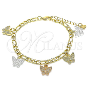Pulsera de Dije 03.351.0118.07 Oro Laminado, Diseño de Mariposa, Pulido, Tres Tonos (05 MM Thickness, 7 Inches Length)