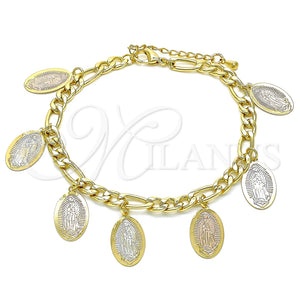 Pulsera de Dije 03.351.0119.08 Oro Laminado, Diseño de Guadalupe, Pulido, Tres Tonos (05 MM Thickness, 8 Inches Length)