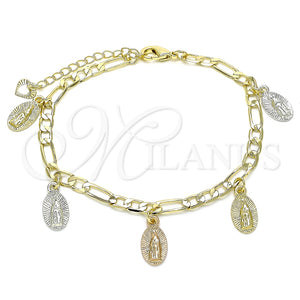 Pulsera de Dije 03.351.0120.08 Oro Laminado, Diseño de Guadalupe, Pulido, Tres Tonos (04 MM Thickness, 8 Inches Length)