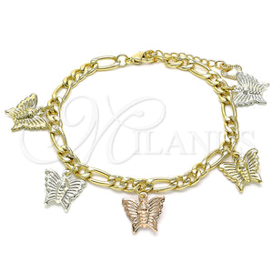 Pulsera de Dije 03.351.0121.08 Oro Laminado, Diseño de Mariposa, Pulido, Tres Tonos (05 MM Thickness, 8 Inches Length)