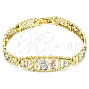 Pulsera Elegante 03.380.0072.07 Oro Laminado, Diseño de Elefante y Búho, Pulido, Tres Tonos (08 MM Thickness, 7 Inches Length)