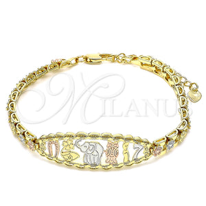 Pulsera Elegante 03.380.0073.07 Oro Laminado, Diseño de Elefante y Búho, Pulido, Tres Tonos (06 MM Thickness, 7 Inches Length)