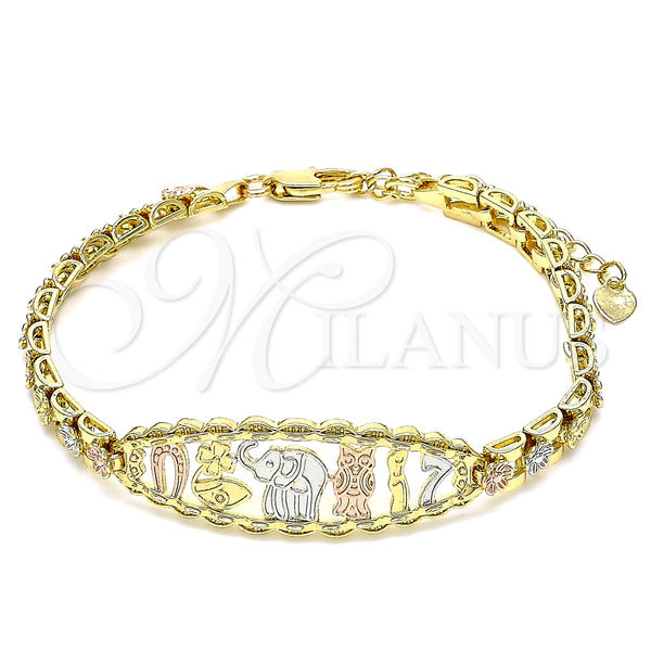 Pulsera Elegante 03.380.0073.07 Oro Laminado, Diseño de Elefante y Búho, Pulido, Tres Tonos (06 MM Thickness, 7 Inches Length)
