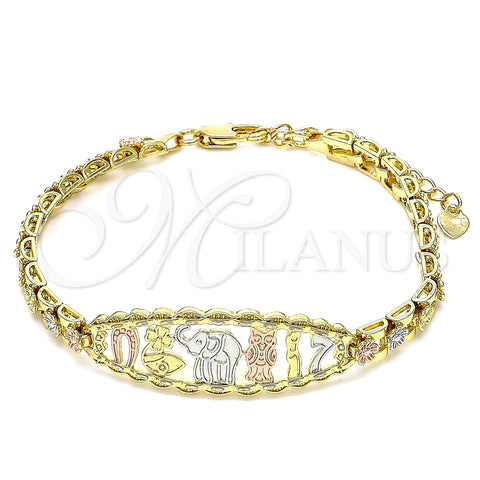Pulsera Elegante 03.380.0073.07 Oro Laminado, Diseño de Elefante y Búho, Pulido, Tres Tonos (06 MM Thickness, 7 Inches Length)