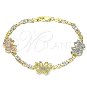 Pulsera Elegante 03.380.0075.08 Oro Laminado, Diseño de Mariposa, Pulido, Tres Tonos (04 MM Thickness, 8 Inches Length)