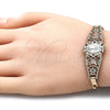 Pulsera Elegante 03.380.0081.08 Oro Laminado, Diseño de Guadalupe y Corazón, con Blanca Cristal, Pulido, Tres Tonos (04 MM Thickness, 8 Inches Length)