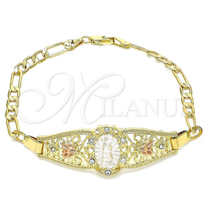Pulsera Elegante 03.380.0081.08 Oro Laminado, Diseño de Guadalupe y Corazón, con Blanca Cristal, Pulido, Tres Tonos (04 MM Thickness, 8 Inches Length)