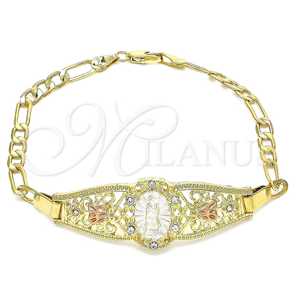 Pulsera Elegante 03.380.0081.08 Oro Laminado, Diseño de Guadalupe y Corazón, con Blanca Cristal, Pulido, Tres Tonos (04 MM Thickness, 8 Inches Length)